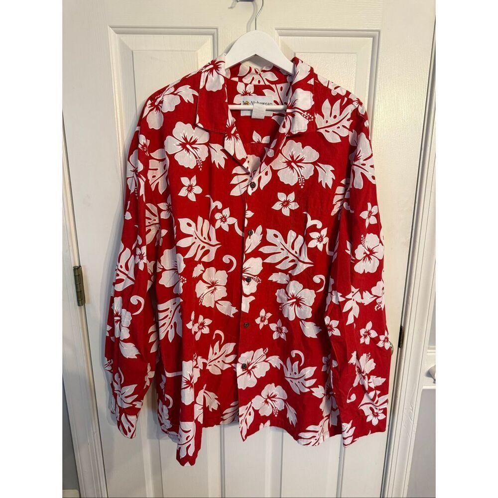Alohawears Red & White Hawaiian Long Sleeve Button Down Shirt sz 3X EUC